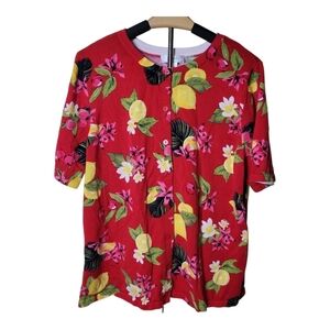 CJ Banks Red Lemon Cherry Floral Short Sleeve Button Front Cardigan